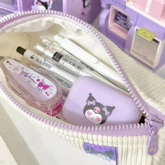 Corduroy Pencil Case — Lavender & Ivory Punk-Style Patch