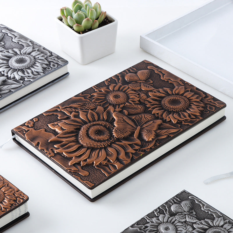 Sunflower 3D Embossed Faux Leather Cover Notebook Brown, Kawai Notebooks