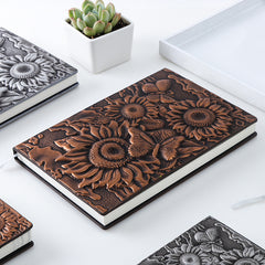 Sunflower 3D Embossed Faux Leather Cover Notebook Brown, Kawai Notebooks