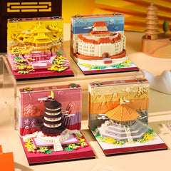Four colorful 3D landmark memo paper designs displayed together