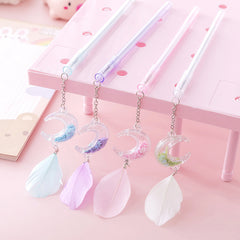 Moon & Feather Charm Gel Pen – Black Ink Korean-Style Pendant Pen