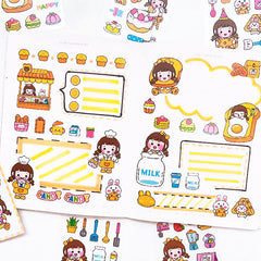 Cute bakery and dessert planner sticker pages with snacks, drinks, baking items, and decorative labels for journals
