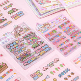 Cute daily life sticker sheets with colorful words, flowers, home, cooking, music, and planner decorations