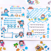 Cute water theme planner sticker pages with swimming, bath, beach, and journal decorations in colorful cartoon designs