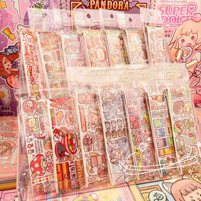 Display of decorative sticker rolls with colorful journal, planner, and scrapbook designs in assorted themes