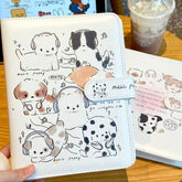 Front view of the Music Puppy A5 loose leaf PU notebook featuring cute puppy illustrations, magnetic buckle closure, and refillable binder design.