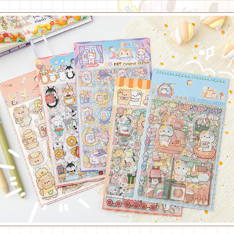 Glossy Waterproof Transparent Cute Animals Stickers - Set of 8 Sheets,Stickers