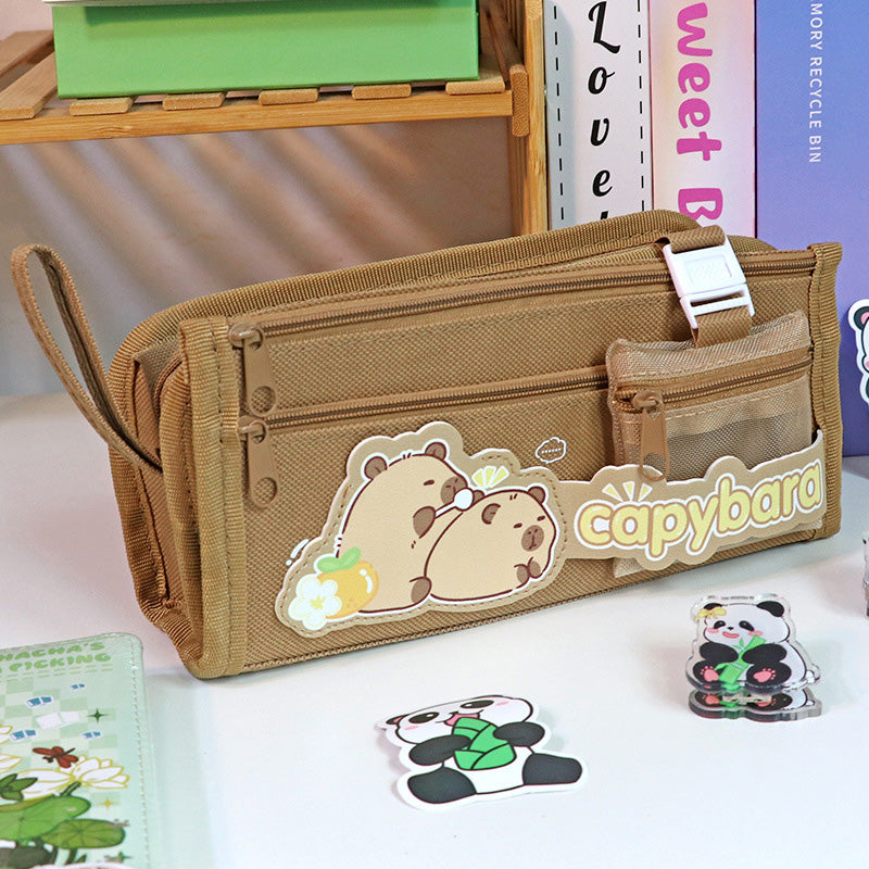 Portable multi layer large capacity canvas stationery pencil bag