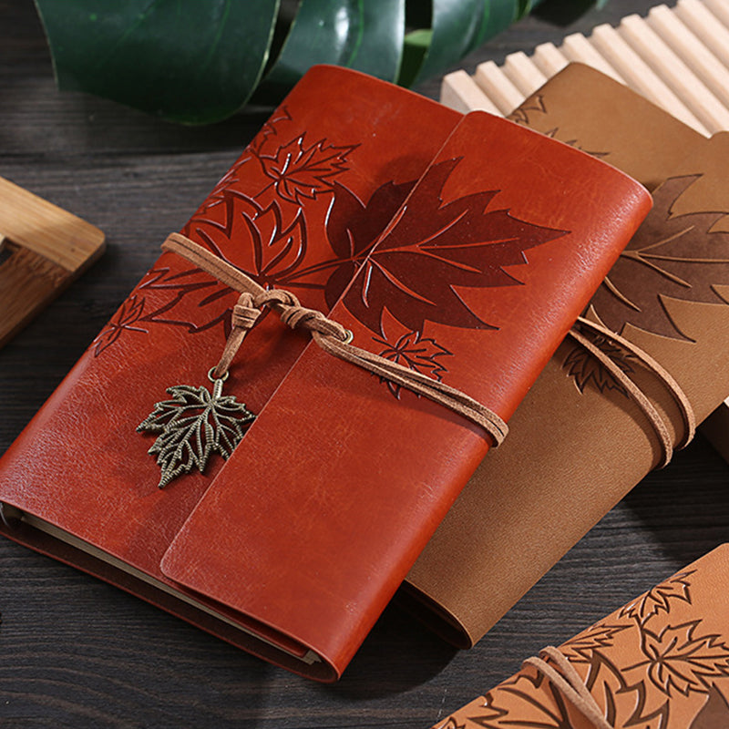 Kawaii Vintage Retro Maple Leaf PU Leather Notebook - A6, Kawai Notebooks
