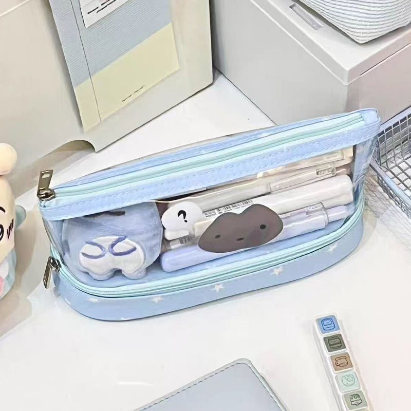 🌟 Blue Star Double Compartment Net Pencil Case