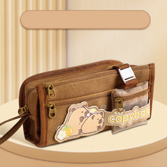 Portable Multi Layer Large Capacity Canvas Stationery Pencil Bag Brown, Geometry Box