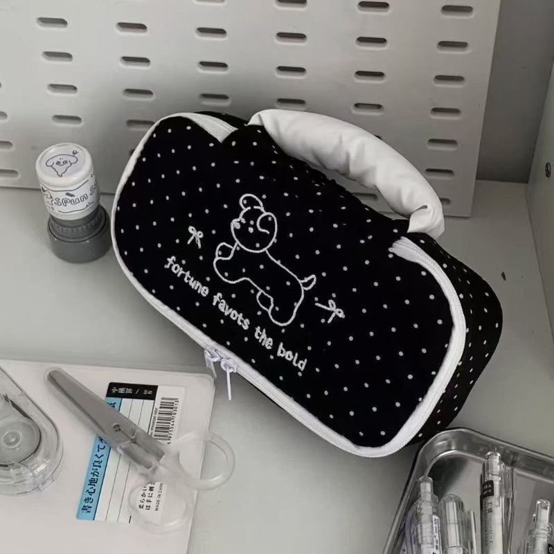 🎀 Polka Dot Bunny & Puppy Pencil Case – Cute Large-Capacity Handheld Stationery Bag