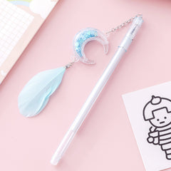 Moon & Feather Charm Gel Pen – Black Ink Korean-Style Pendant Pen