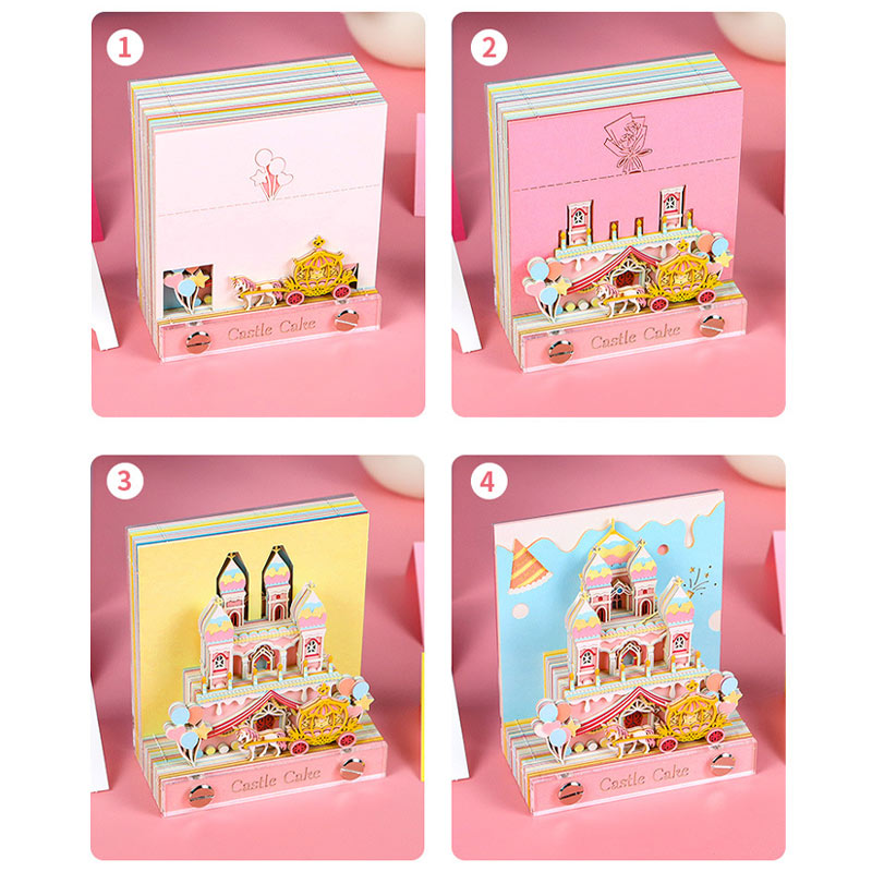 Four colorful 3D cake castle note pad design variations