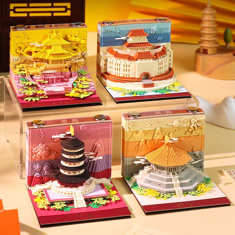 Four colorful 3D landmark memo paper designs displayed together