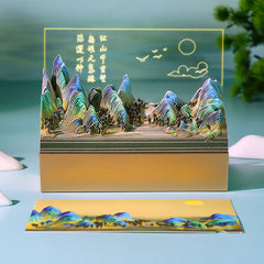 3D paper landscape memo pad featuring colorful mountains, moon, and birds