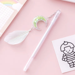 Moon & Feather Charm Gel Pen – Black Ink Korean-Style Pendant Pen