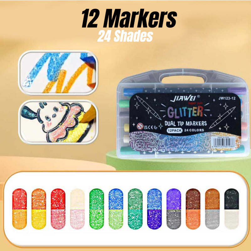 Dual Ended Two Tone Glitter Brush Marker Set – Sparkle Brush Pens for DIY & Student Art