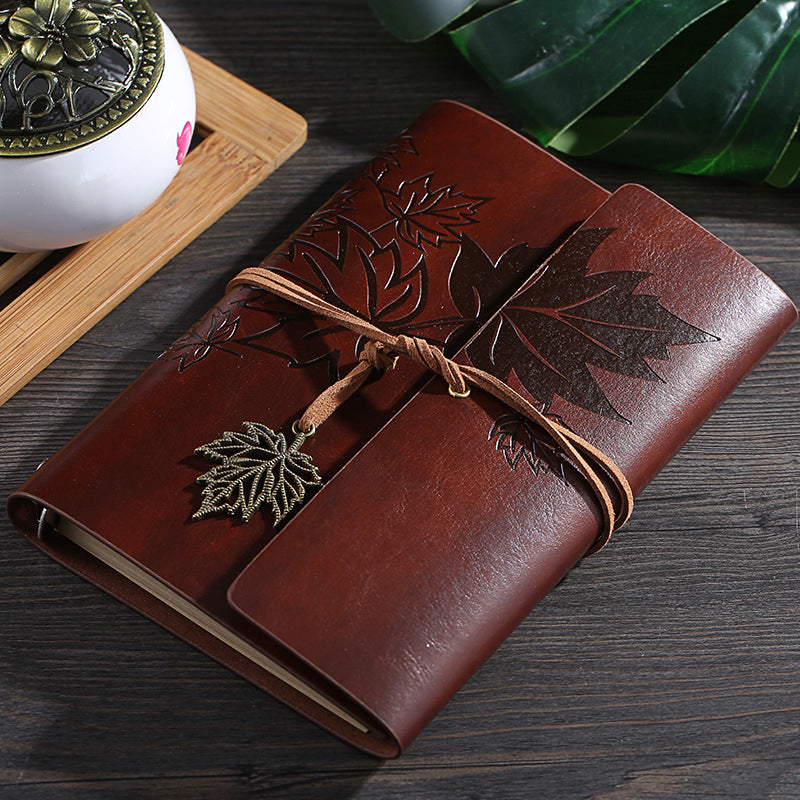 Kawaii Brown Vintage Retro Maple Leaf PU Leather Notebook - A6, Kawai Notebooks