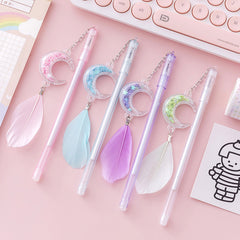 Moon & Feather Charm Gel Pen – Black Ink Korean-Style Pendant Pen