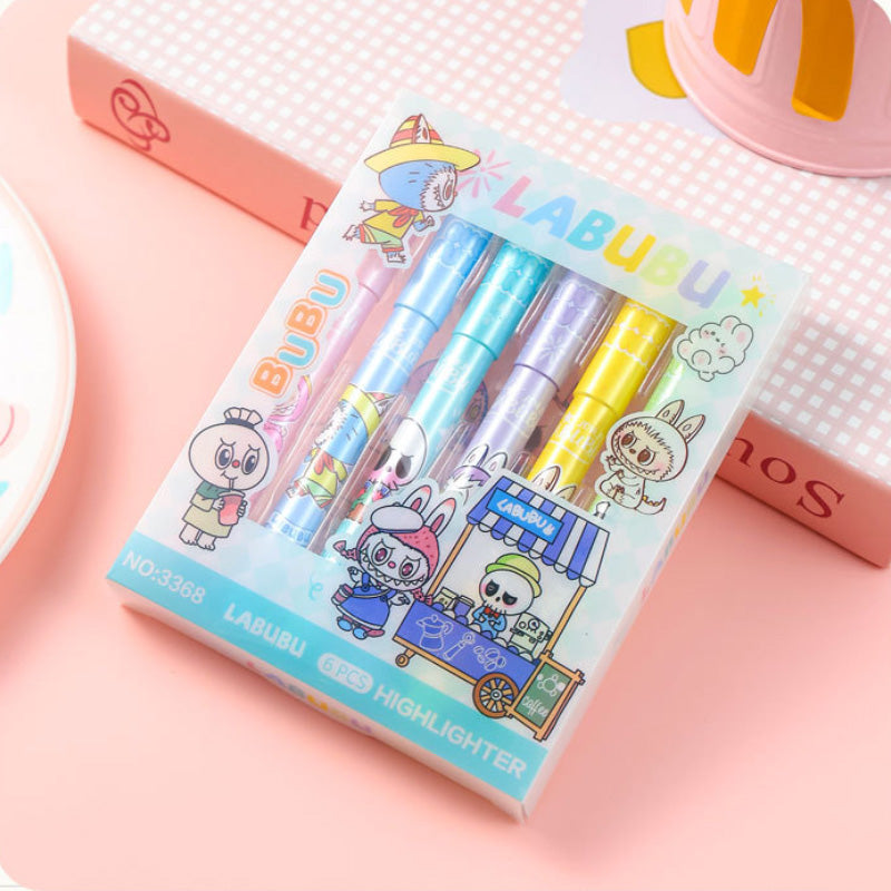 Labubu Cute Highlighter Set – 6 Color Eye-Protecting Pastel Marker Pens