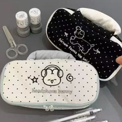 🎀 Polka Dot Bunny & Puppy Pencil Case – Cute Large-Capacity Handheld Stationery Bag