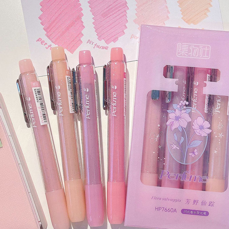 🌈 Glitter Perfume Highlighter Pen Set – Morandi Pastel Glow (4-Pack)