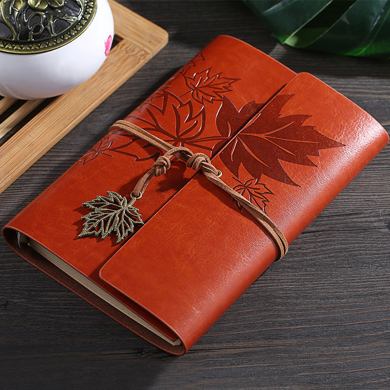 Kawaii Orange Vintage Retro Maple Leaf PU Leather Notebook - A6, Kawai Notebooks