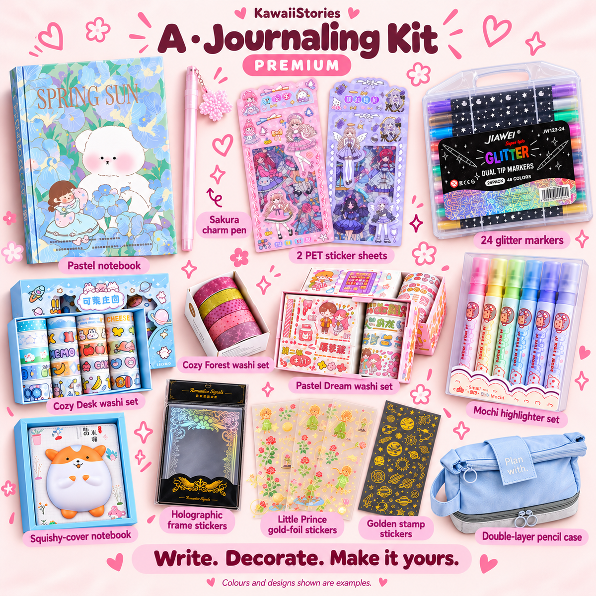 Premium A — Journaling Kit: labelled bundle contents. Colours and designs shown are examples.