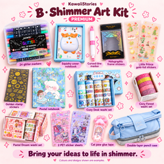 Premium B — Shimmer Art Kit: labelled bundle contents. Colours and designs shown are examples.