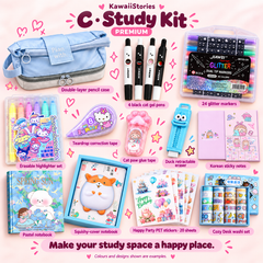 Premium C — Study Kit: labelled bundle contents. Colours and designs shown are examples.