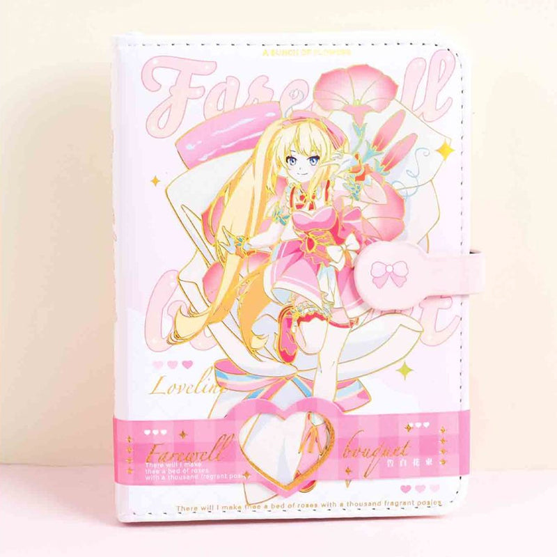 Kawaii PU Leather A6 Pink Cartoon Girl Portable Magnetic Buckle Notebook, Kawai Notebooks