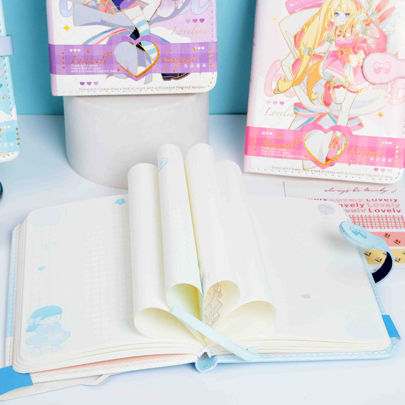 Kawaii PU Leather A6 Cartoon Girl Portable Magnetic Buckle Notebook, Kawai Notebooks