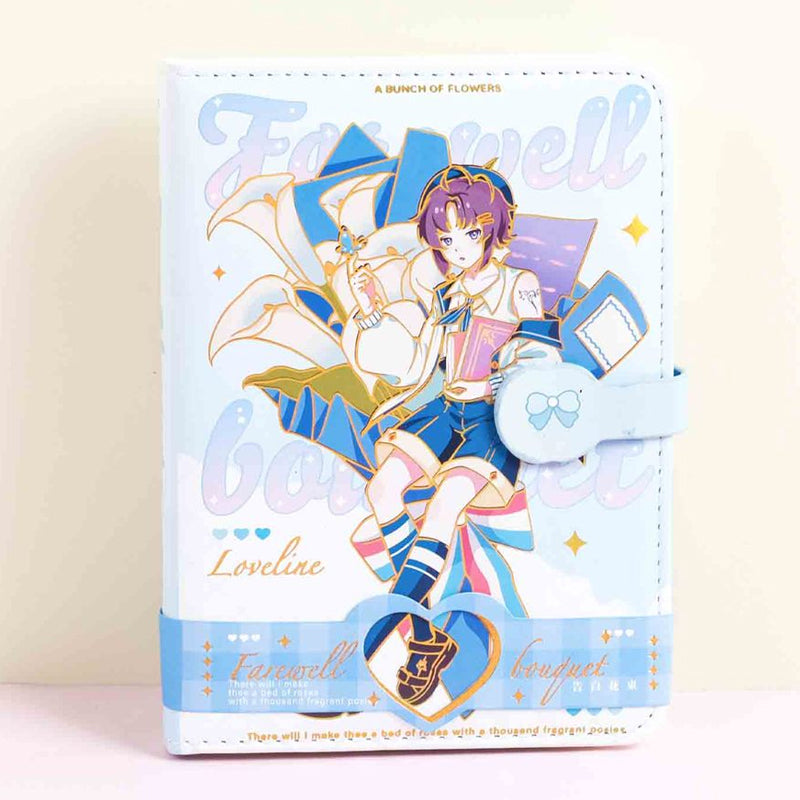 Kawaii PU Leather A6 Navy Cartoon Girl Portable Magnetic Buckle Notebook, Kawai Notebooks