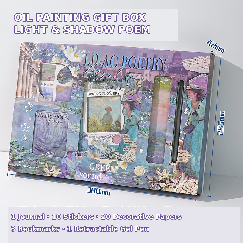Light and Shadow Poem oil painting gift box with journal, stickers, decorative papers, bookmarks and gel pen