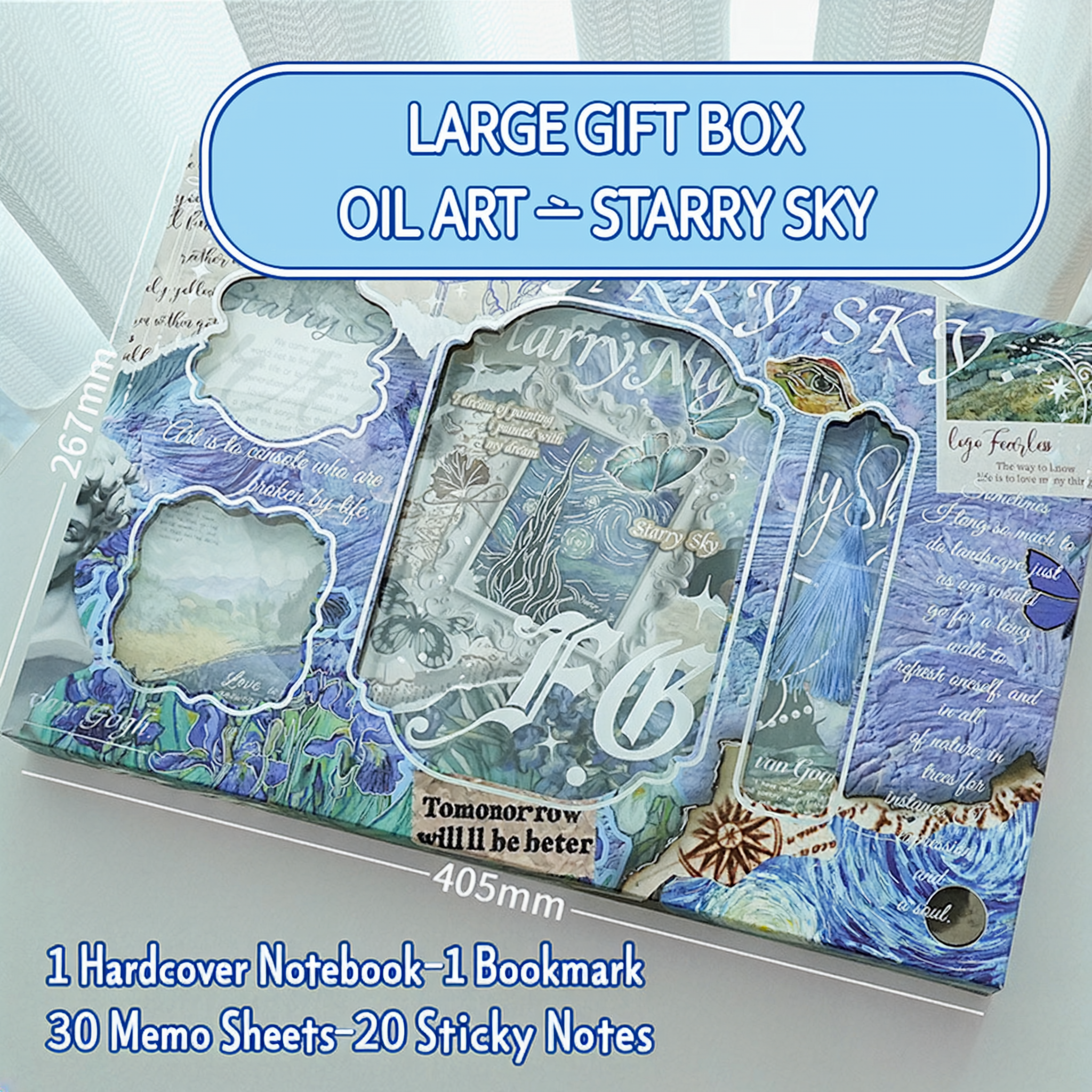 Starry Sky oil art large gift box with hardcover notebook, bookmark, memo sheets and sticky notes