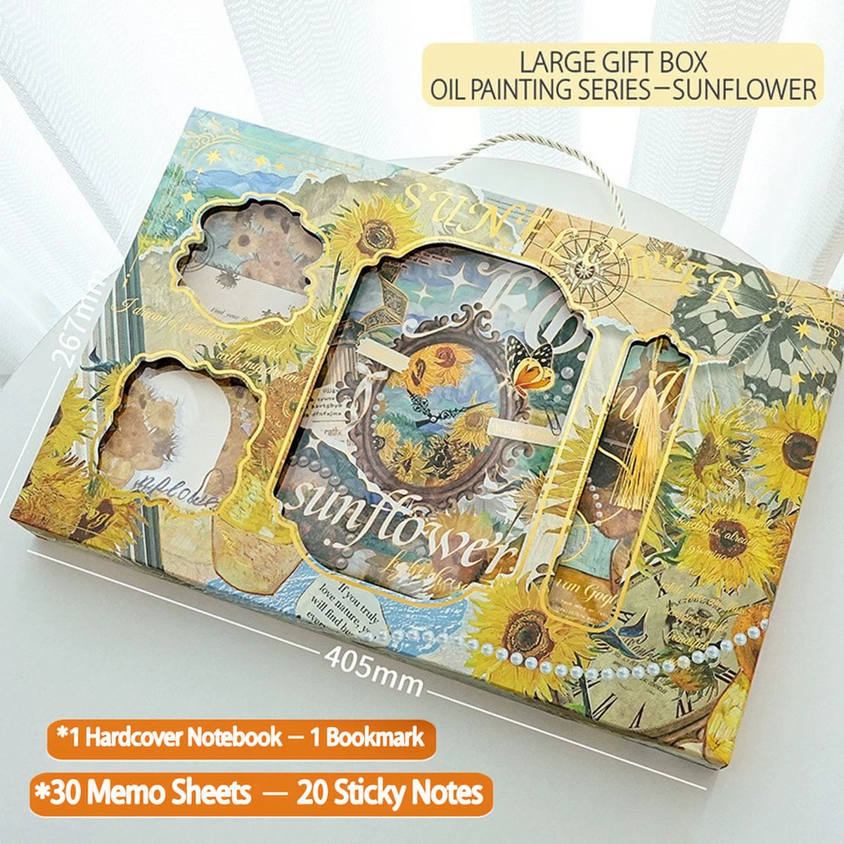 Sunflower oil painting series large gift box with hardcover notebook, bookmark, memo sheets and sticky notes