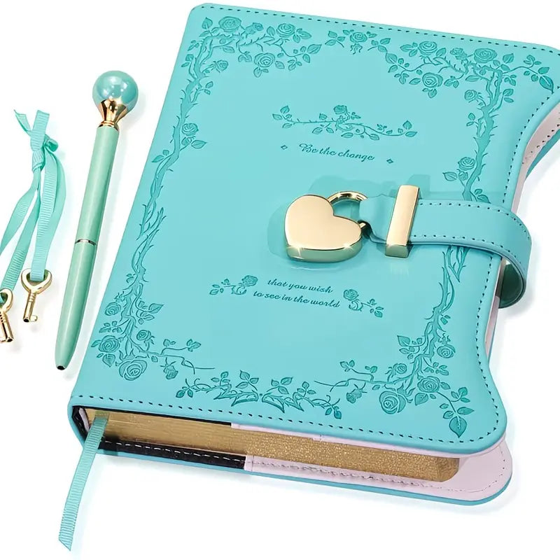 Blue B6 floral faux leather diary with heart-shaped lock