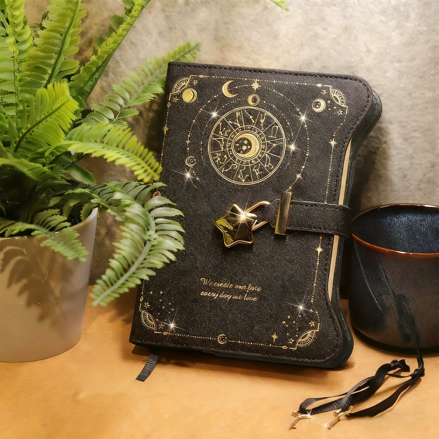 Black B6 celestial faux leather diary with star-shaped lock