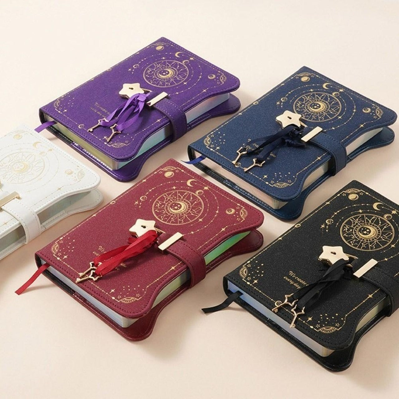 B6 celestial lock diaries in purple, navy blue, dark red, black and white