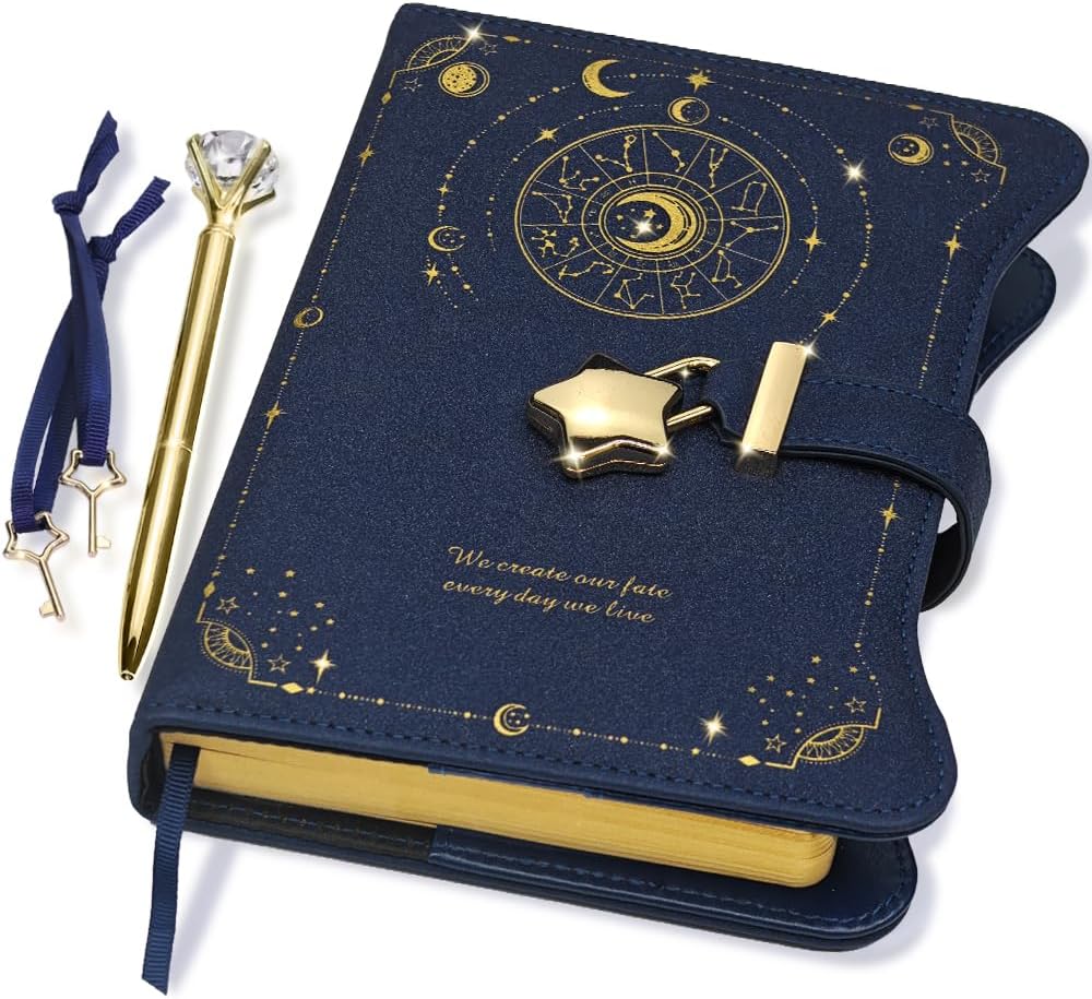 Navy blue B6 celestial faux leather diary with star-shaped lock and matching pen