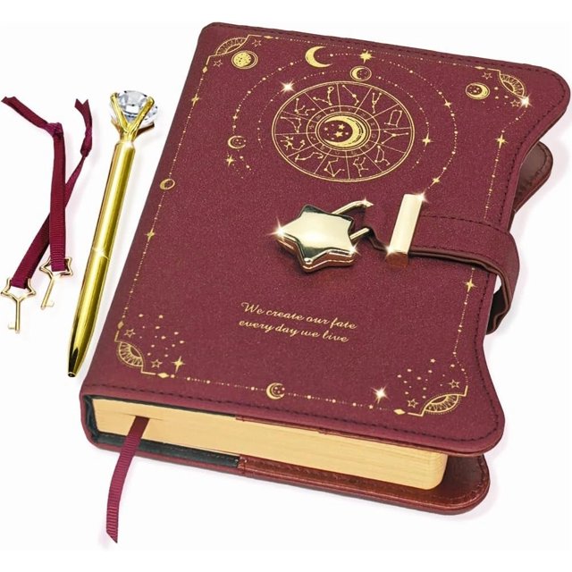 Dark red B6 celestial faux leather diary with star-shaped lock