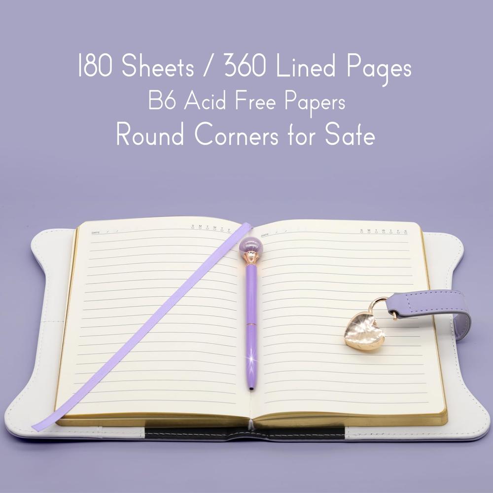 Open B6 heart-lock diary showing lined inner pages, ribbon bookmark and matching pen