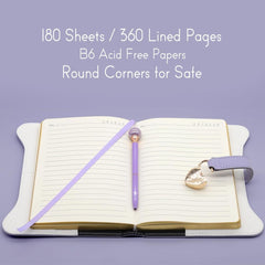 Open B6 heart-lock diary showing lined inner pages, ribbon bookmark and matching pen