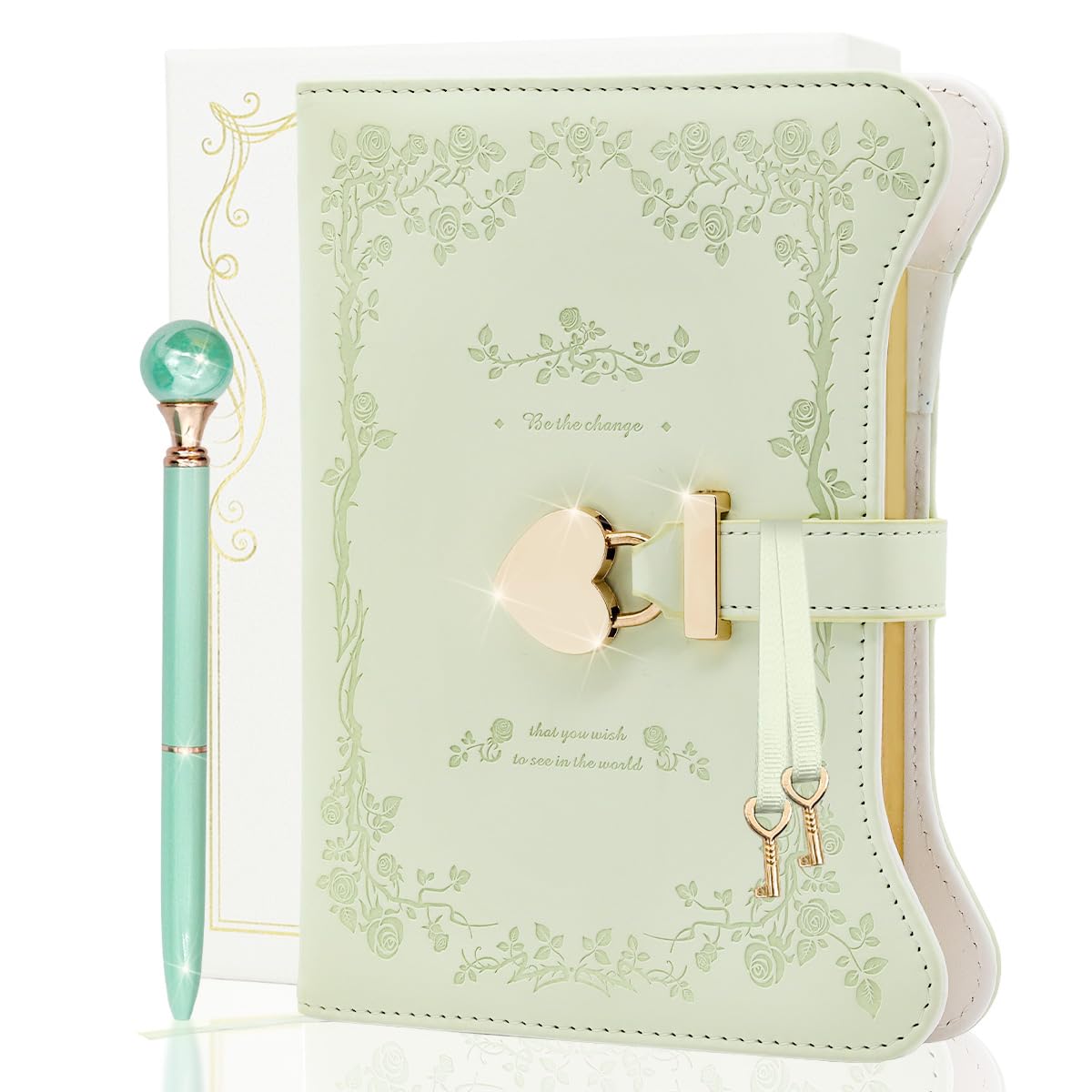 Light green B6 floral faux leather diary with heart-shaped lock and matching pen