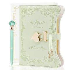 Light green B6 floral faux leather diary with heart-shaped lock and matching pen