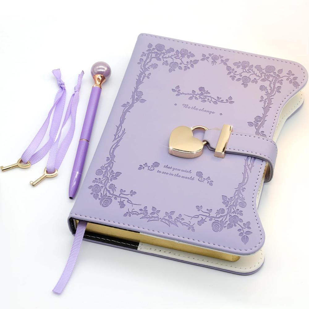 Light purple B6 floral faux leather diary with heart-shaped lock, keys and matching pen