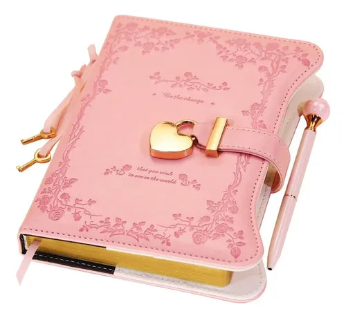 Pink B6 floral faux leather diary with heart-shaped lock, keys and matching pen