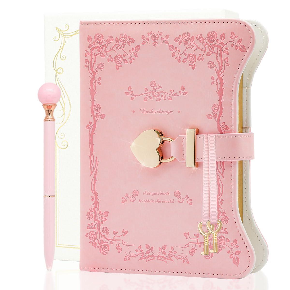 Pink B6 floral faux leather diary with heart-shaped lock and matching pen