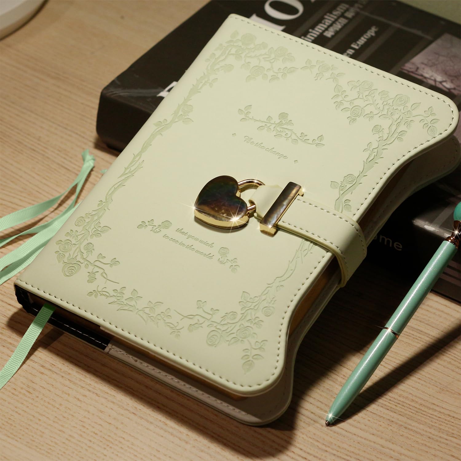 Pale green B6 floral faux leather diary with heart-shaped lock and matching pen